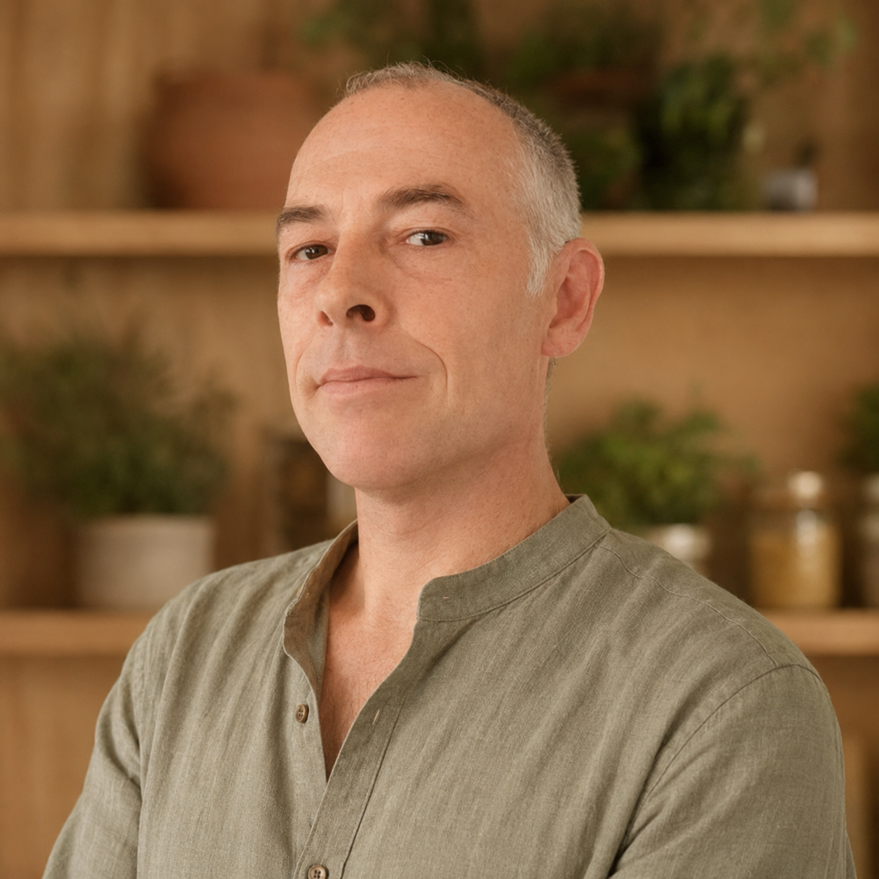Jérôme Marty — Ma Xiao Long 馬小龍, praticien et enseignant de diététique chinoise à Toulouse, dans son atelier-cuisine avec ses bocaux d'herbes et de plantes aromatiques